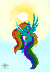 Size: 1600x2304 | Tagged: safe, artist:vegemiteguzzler, rainbow dash, pegasus, pony, g4, female, flying, long mane, long tail, mare, sky, sun, wings