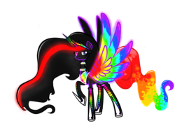 Size: 1100x850 | Tagged: safe, artist:russiankolz, oc, oc only, oc:princess neon boom, alicorn, original species, pony, alicorn oc, colored horn, colored wings, ethereal mane, heterochromia, horn, multicolored wings, neon, neon pony, rainbow tail, rainbow wings, raised hoof, solo, spread wings, wings