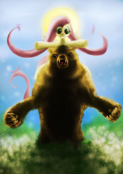 Size: 2480x3508 | Tagged: safe, artist:zolombo, fluttershy, harry, bear, g4, backlighting, bear hug, duo, hug, legitimate bear hugs, looking at you, ponies riding bears, riding, riding a bear