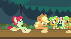 Size: 640x360 | Tagged: safe, screencap, apple brown betty, apple dumpling, apple leaves, applejack, florina tart, earth pony, pony, apple family reunion, g4, animated, apple family member, apple fritter (food), assembly line, chewing, dexterous hooves, dough, eating, female, food