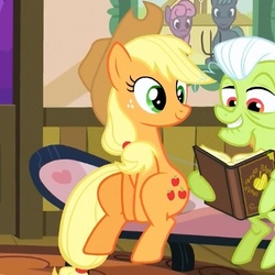 Size: 400x400 | Tagged: safe, screencap, applejack, granny smith, earth pony, pony, apple family reunion, g4, book, cropped, duo, female, mare, reading, sitting, sitting up