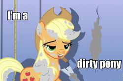 Size: 960x631 | Tagged: safe, edit, edited screencap, screencap, applejack, earth pony, pony, g4, it's about time, bedroom eyes, cement, female, image macro, mouth hold, solo, trowel