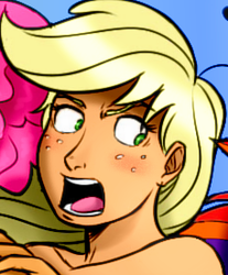 Size: 228x275 | Tagged: safe, artist:megasweet, artist:trelwin, applejack, human, g4, humanized, reaction image