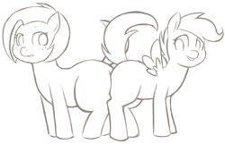 Size: 1000x642 | Tagged: safe, artist:redintravenous, babs seed, scootaloo, earth pony, pegasus, pony, g4, butt bump, butt to butt, butt touch, female, filly, lesbian, ship:babscoot