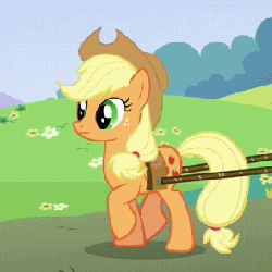 Size: 294x294 | Tagged: safe, screencap, applejack, earth pony, pony, g4, season 3, too many pinkie pies, animated, cropped, female, harness, mare, solo, tack, trotting, walking