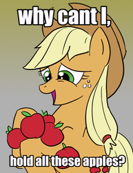 Size: 618x800 | Tagged: safe, artist:mortuaryjoe, applejack, earth pony, pony, g4, apple, caption, female, image macro, looking down, meme, parody, solo, text, that pony sure does love apples, why can't i hold all these x