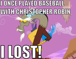 Size: 622x478 | Tagged: safe, edit, edited screencap, screencap, discord, draconequus, g4, the return of harmony, angry, christopher robin, cropped, discorded landscape, image macro, male, purple sky, solo, winnie the pooh home run derby