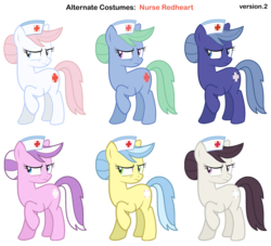 Size: 3200x2900 | Tagged: safe, artist:lockiesajt, artist:pika-robo, melody's mother, nurse coldheart, nurse redheart, nurse snowheart, nurse sweetheart, nurse tenderheart, nursery rhyme, earth pony, pony, g1, g4, my little pony tales, alternate clothes, ember's worst nightmare, female, g1 to g4, generation leap, hat, mare, nurse, nurse hat, palette swap, raised hoof, recolor, simple background, transparent background