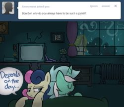 Size: 575x494 | Tagged: safe, artist:bambooharvester, bon bon, lyra heartstrings, sweetie drops, earth pony, pony, unicorn, g4, ask, bon bon is not amused, couch, dark, interior, rain, sleeping, television, tumblr, unamused, window