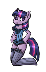 Size: 251x398 | Tagged: safe, artist:burningash, twilight sparkle, unicorn, anthro, unguligrade anthro, g4, clothes, corset, female, kneeling, solo, stockings