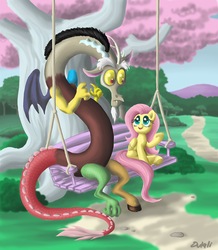 Size: 757x868 | Tagged: dead source, safe, artist:dulali, discord, fluttershy, draconequus, pegasus, pony, g4, keep calm and flutter on, bench, duo, female, looking at each other, looking at someone, male, talking