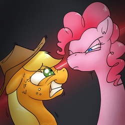 Size: 1000x1000 | Tagged: safe, artist:conicer, applejack, pinkie pie, g4, applejack is best facemaker, bad poker face, laser, nervous, pinkie pie is best facemaker, pinkie pie is not amused, simple background, stare, unamused