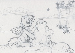 Size: 1200x848 | Tagged: safe, artist:cobaltsnow, derpy hooves, rainbow dash, pegasus, pony, g4, clothes, cloud, cloudsdale, female, mare, monochrome, pencil drawing, question mark, scarf, sitting, smiling, solo focus, spread wings, tongue out, traditional art, wings