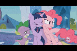 Size: 360x240 | Tagged: safe, edit, edited screencap, screencap, fluttershy, pinkie pie, spike, twilight sparkle, g4, the crystal empire, animated, clothes, costume, crystal empire, disguise, fluttershy suit, flutterspy, mask, masking, ponysuit, reversed, suit, zipper