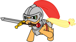 Size: 648x357 | Tagged: artist needed, source needed, safe, applejack, g4, armor, helmet, ms paint, sword