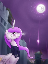 Size: 1200x1600 | Tagged: safe, artist:conicer, princess celestia, pony, g4, clothes, female, lonely, mare in the moon, moon, night, scarf, solo