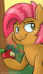 Size: 391x670 | Tagged: safe, artist:spainfischer, babs seed, pony, g4, apple, female, filly, foal, smug, solo