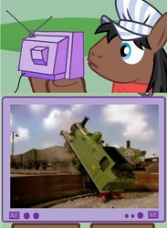 Size: 440x600 | Tagged: safe, full steam, promontory, duck, g4, exploitable meme, meme, oliver, thomas the tank engine, train, troublesome trucks, turntable, tv meme