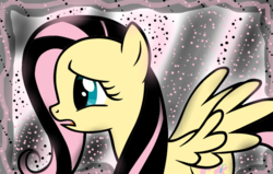 Size: 900x572 | Tagged: safe, artist:ponita120, fluttershy, pegasus, pony, g4, abstract background, emoshy, female, frown, mare, open mouth, solo, spread wings, wings