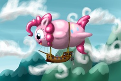 Size: 1280x853 | Tagged: safe, artist:noctulov, pinkie pie, twilight sparkle, pony, g4, balloon, balloonie pie, blimp, cloud, cloudy, happy, inflation, macro, ship, sky, smiling