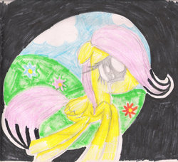 Size: 900x821 | Tagged: safe, artist:therainbowmaiden, artist:zimsultimateluva, fluttershy, pony, g4, emoshy, female, filly, solo, traditional art, younger