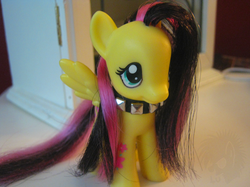 Size: 730x547 | Tagged: safe, artist:metallicumbrage, fluttershy, pegasus, pony, g4, choker, chokershy, customized toy, emoshy, goth, indoors, irl, photo, solo, studded choker, toy