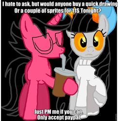 Size: 832x856 | Tagged: safe, oc, oc only, oc:lightning dee, oc:windows, pony, advertisement, bow, commission, cup, drinking, glasses, hair bow, meta, straw, text, troll