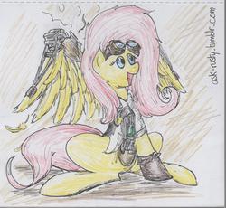 Size: 1280x1178 | Tagged: safe, artist:thekuto, fluttershy, pegasus, pony, g4, 30 minute art challenge, amputee, prosthetic limb, steampunk