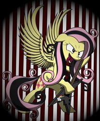 Size: 900x1087 | Tagged: safe, artist:friendshipismetal777, fluttershy, pegasus, pony, g4, abstract background, cutie mark, electric guitar, emoshy, female, guitar, metal, metalhead, metalshy, musical instrument, rockershy, solo, striped background, tongue out