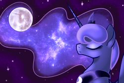Size: 900x600 | Tagged: safe, artist:twighat, princess luna, alicorn, pony, g4, bust, eyes closed, female, full moon, horn, jewelry, mare, mare in the moon, moon, portrait, profile, regalia, solo, space, tiara
