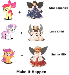 Size: 732x800 | Tagged: safe, apple bloom, scootaloo, sweetie belle, fairy, g4, cutie mark crusaders, exploitable meme, luna child, make it happen, star sapphire (touhou), sunny milk, touhou