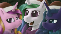 Size: 1920x1080 | Tagged: safe, artist:bronybiscuitbites, princess cadance, princess celestia, princess luna, g4, clothes, hat, santa hat, scarf