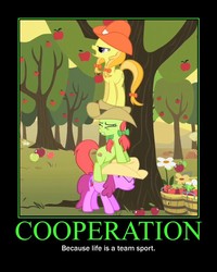 Size: 600x750 | Tagged: safe, edit, edited screencap, screencap, berry punch, berryshine, jonagold, marmalade jalapeno popette, peachy sweet, earth pony, pony, g4, over a barrel, apple family member, apple tree, background pony, cowboy hat, female, hat, mare, motivational poster, pony pile, tower of pony, tree