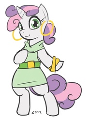 Size: 661x900 | Tagged: safe, artist:moronsonofboron, sweetie belle, pony, g4, bipedal, bracelet, clothes, dress, earring, piercing