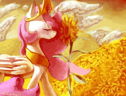 Size: 1307x1000 | Tagged: safe, artist:mewball, princess celestia, alicorn, pony, g4, eyes closed, female, flower, profile, smiling, solo, sunflower