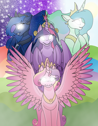 Size: 900x1149 | Tagged: safe, artist:100yearslater, princess cadance, princess celestia, princess luna, twilight sparkle, alicorn, pony, g4, alicorn tetrarchy, glowing eyes, twilight sparkle (alicorn)