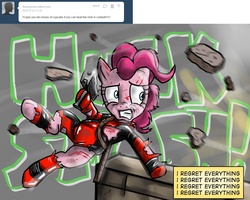 Size: 1280x1026 | Tagged: safe, artist:ask-pinkie-pool, pinkie pie, g4, ask, ask-pinkie-pool, blood, clothes, cosplay, costume, crossover, deadpool, injured, marvel, pinkiepool, the incredible hulk, this will end in pain, this will end in tears, tumblr