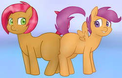 Size: 1000x642 | Tagged: safe, artist:redintravenous, artist:zekromlover, babs seed, scootaloo, earth pony, pegasus, pony, g4, butt, butt bump, butt to butt, butt touch, female, filly, lesbian, plot, ship:babscoot