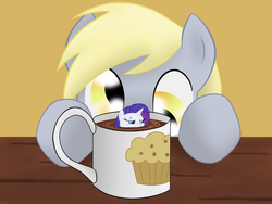 Size: 1280x960 | Tagged: safe, artist:8aerondight8, derpy hooves, rarity, pony, g4, cup of pony, hot chocolate, marshmallow, micro, rarity is a marshmallow