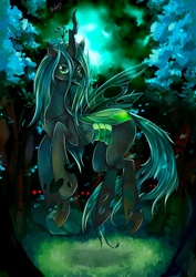 Size: 1280x1810 | Tagged: safe, artist:greyradian, queen chrysalis, changeling, changeling queen, g4, crown, female, floating, flying, glowing eyes, jewelry, regalia, tongue out, tree