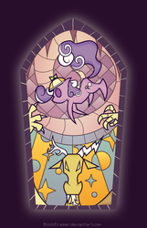 Size: 750x1167 | Tagged: safe, artist:blockeraser, discord, screwball, g4, hat, propeller hat, screwball tells all, stained glass, swirly eyes, tumblr
