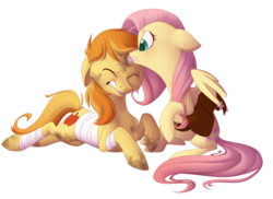 Size: 900x655 | Tagged: safe, artist:kiki-kit, braeburn, fluttershy, earth pony, pegasus, pony, g4, bandage, duo, ears back, female, injured, male, saddle bag, ship:braeshy, shipping, simple background, straight, transparent background