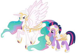 Size: 2948x2012 | Tagged: safe, artist:gatitonyaa, princess celestia, twilight sparkle, alicorn, pony, unicorn, g4, armor, duo, duo female, female, magic, scroll, simple background, transparent background, unicorn twilight