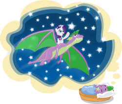 Size: 2416x2062 | Tagged: safe, rarity, spike, dragon, pony, unicorn, g4, baby, baby dragon, dream, female, flying, horn, male, mare, older, older rarity, older spike, open mouth, ship:sparity, shipping, smiling, straight, teeth