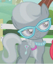 Size: 473x576 | Tagged: safe, screencap, apple bloom, silver spoon, earth pony, pony, call of the cutie, g4, animated, arrogant, bedroom eyes, boasting, brat, butt, butt shake, cutie mark, female, filly, foal, glasses, jewelry, lidded eyes, looking sideways, necklace, out of context, pearl necklace, plot, showing off, silverbutt, sin of pride, solo focus