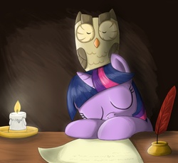 Size: 1965x1804 | Tagged: safe, artist:otakuap, owlowiscious, twilight sparkle, g4, candle, quill, sleeping