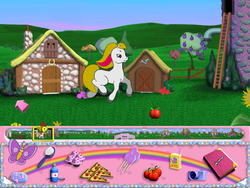 Size: 800x600 | Tagged: safe, oc, oc only, butterfly, earth pony, pony, g2, my little pony: friendship gardens, apple, book, camera, candy, cupcake, female, flower, food, juice, lollipop, mare, pc game, pizza, rainbow, smiling, solo, sunflower, tree, video game