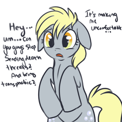 Size: 500x500 | Tagged: safe, artist:lulubell, derpy hooves, pegasus, pony, g4, bipedal, derpygate, female, floppy ears, frown, mare, open mouth, sad, simple background, solo, text, underp, white background, worried