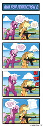 Size: 660x1914 | Tagged: safe, artist:reikomuffin, applejack, cheerilee, earth pony, pony, g4, 4 panel comic, 4koma, assault rifle, clothes, comic, gloves, gun, possibly hand, rifle