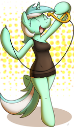 Size: 532x920 | Tagged: safe, artist:tg-0, lyra heartstrings, unicorn, anthro, semi-anthro, unguligrade anthro, g4, arm hooves, breasts, colored, electric lyre, eyes closed, female, happy, lyre, smiling